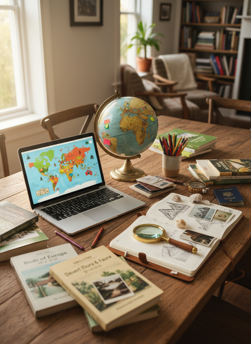 A long wooden dining table transformed into a playful worldschooling command center, covered with an open laptop displaying a colorful world map, a globe with small sticky flags on various countries, and a spread of nature field guides in different languages. A travel journal lies open with sketched mountains and seashells taped in, while a magnifying glass rests over a hand-drawn itinerary. Diffused afternoon light from a nearby window bathes the scene in a warm glow, highlighting the textures of the paper and wood. Photographic realism, shot from a slightly elevated angle using the rule of thirds, with a softly blurred background of a bright, lived-in room, creates an inviting, organized-chaos atmosphere full of curiosity and family adventure.