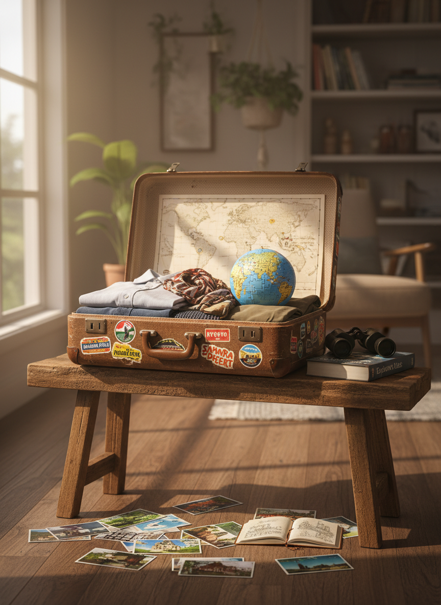 A well-traveled, slightly scuffed hard-shell suitcase covered in colorful destination stickers stands open on a low wooden bench. Inside, neatly folded clothes, a worn world map, and a compact globe-shaped puzzle peek out, suggesting a year of learning through travel. Around the bench are scattered postcards, a small sketchbook filled with doodles of landmarks, and a pair of binoculars resting on a guidebook. Soft morning sunlight filters through a nearby window, casting gentle highlights on the suitcase’s textured surface and creating playful shadows on the floor. Photographic realism at eye level with a shallow depth of field keeps the suitcase in crisp focus while the background fades into a cozy, blurred family home, evoking an adventurous yet homey, playful mood.